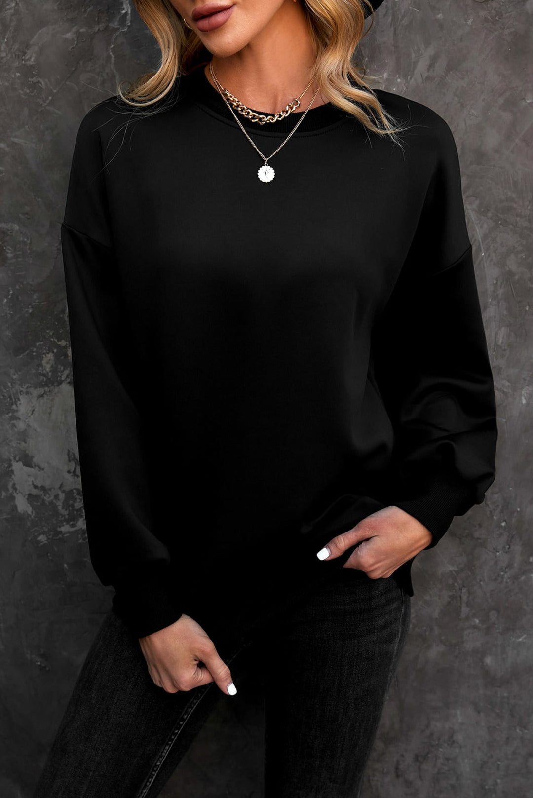 Solid Drop-Shoulder Pullover Sweatshirt