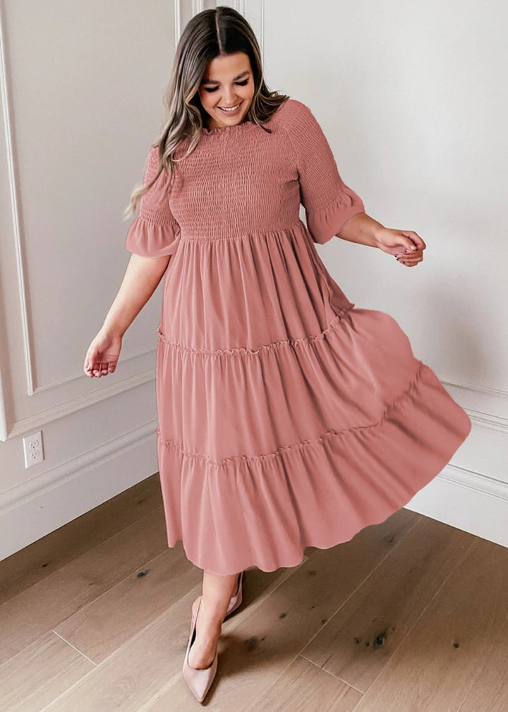 Round Neck Solid Color Smocked A-line Tiered-layered Dress