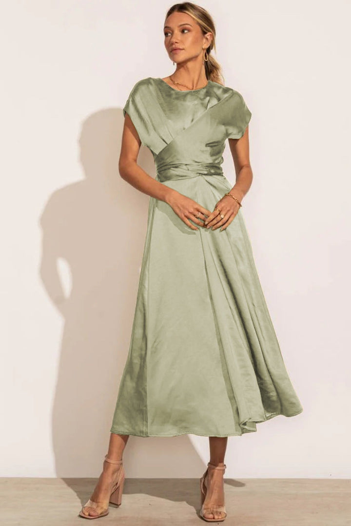 Solid Round Neck Tie Back Midi Dress
