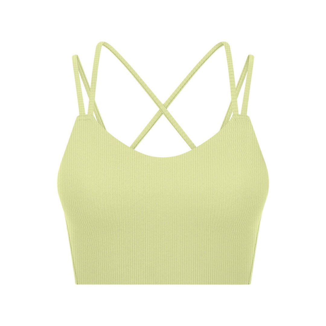 Solid Ribbed Double Shoulder Straps Crisscross Sports Bras