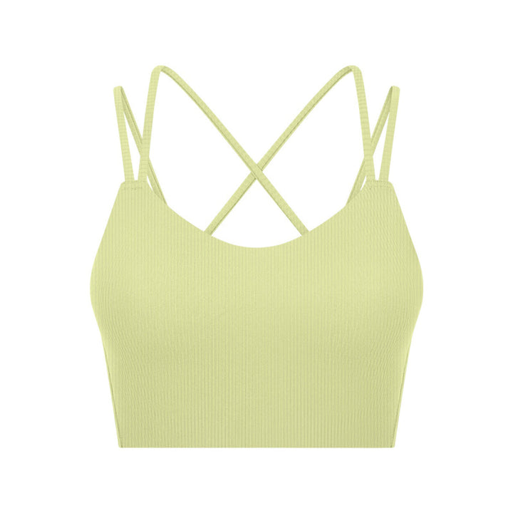 Solid Ribbed Double Shoulder Straps Crisscross Sports Bras