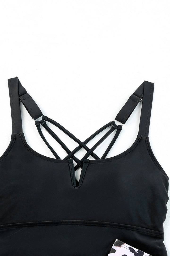 High Waist Notch Neckline Strappy Tankini Contrast Swimsuit