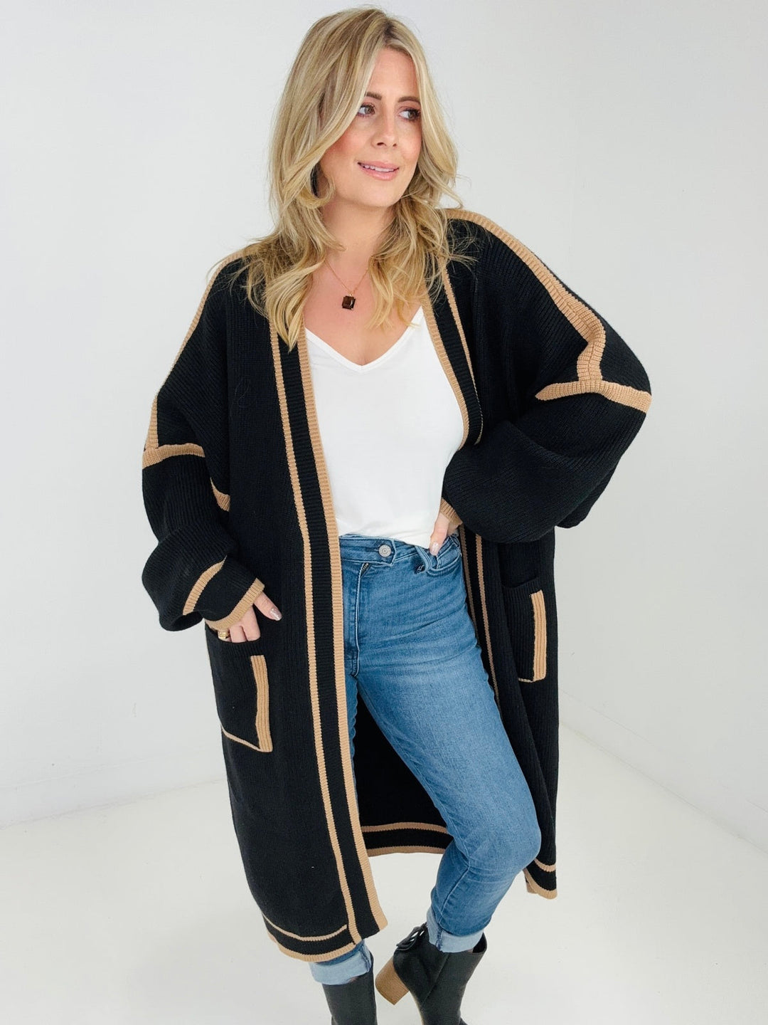 "Alexa" Cardigan - Knit Color Block With Pockets