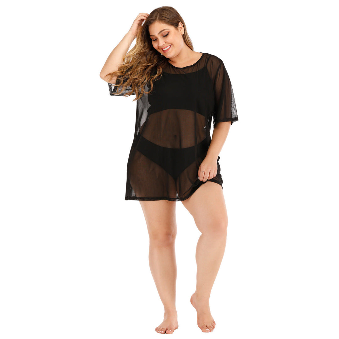 Plus Size Black Round Neck Sheer Cover Up