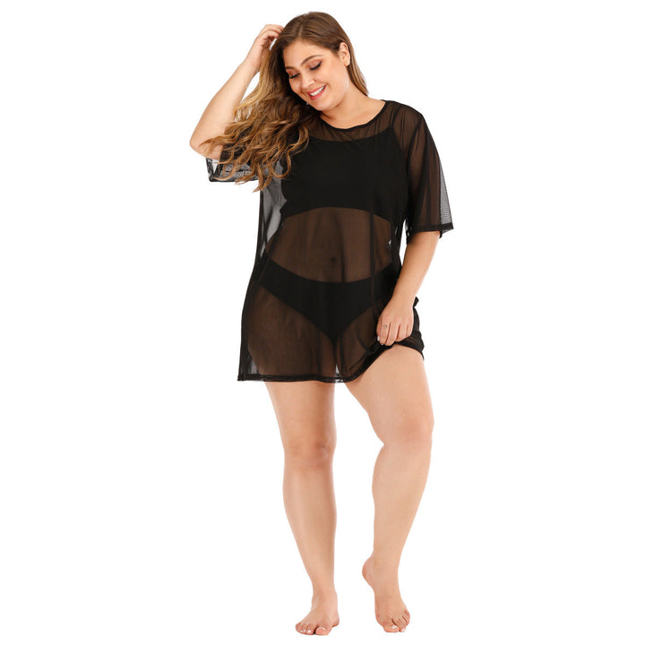 Plus Size Black Round Neck Sheer Cover Up