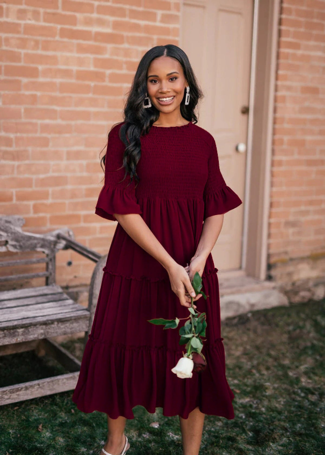 Round Neck Solid Color Smocked A-line Tiered-layered Dress