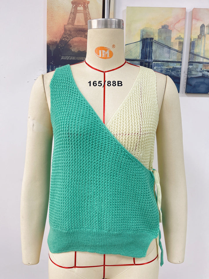 V-Neck Patchwork Knot Fold Sleeveless Top