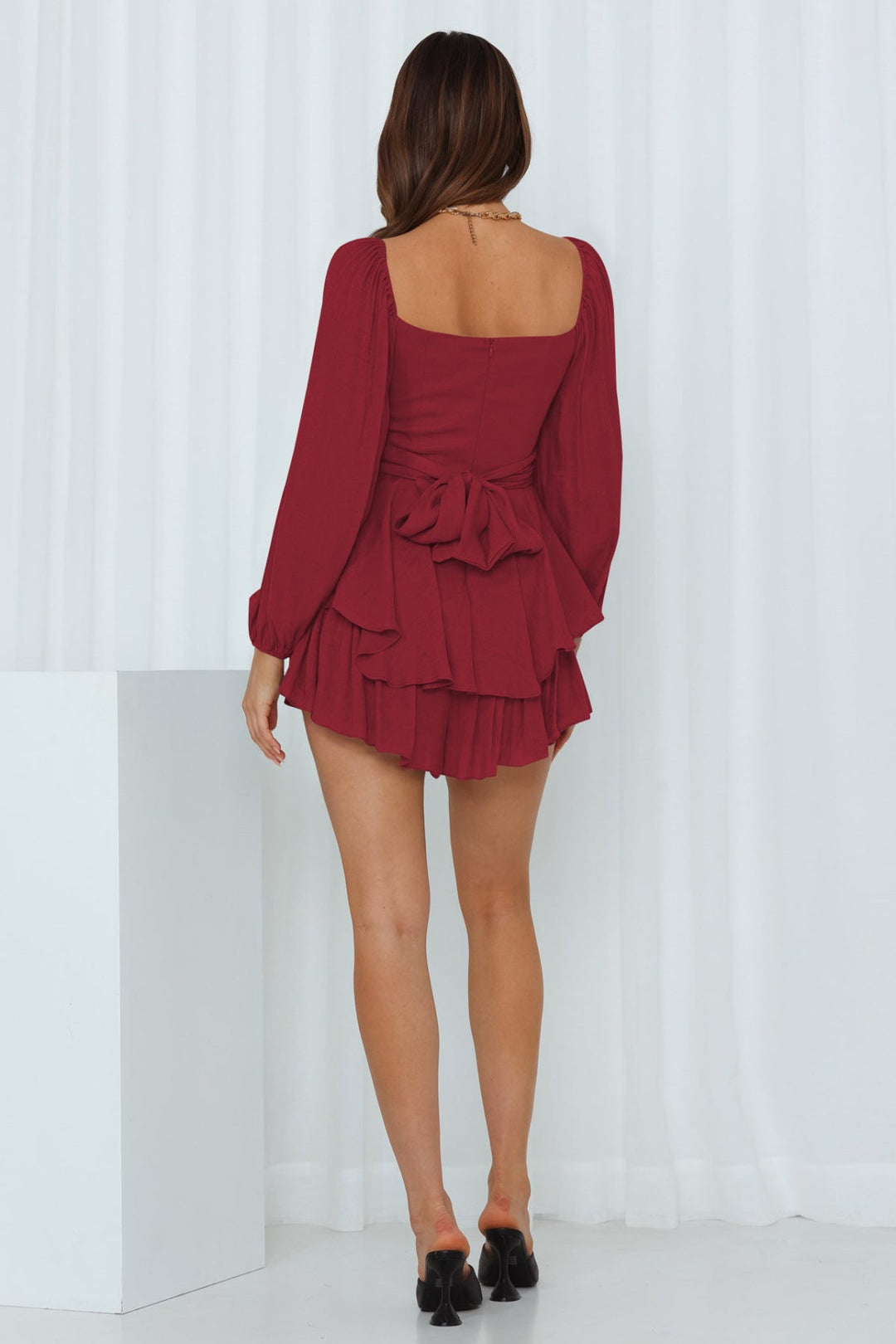 Balloon Sleeve Back Tie Tiered Romper