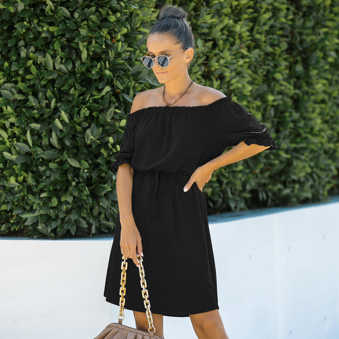 Solid Off-the-Shoulder Elastic Waist Mini Dress