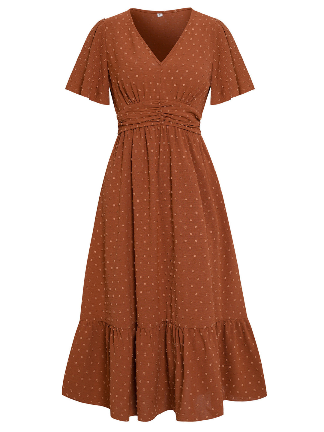 Solid V-neck Swiss Dots A-Line Midi Dress
