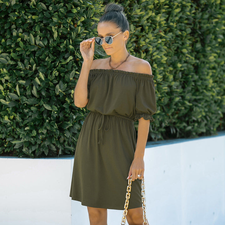 Solid Off-the-Shoulder Elastic Waist Mini Dress