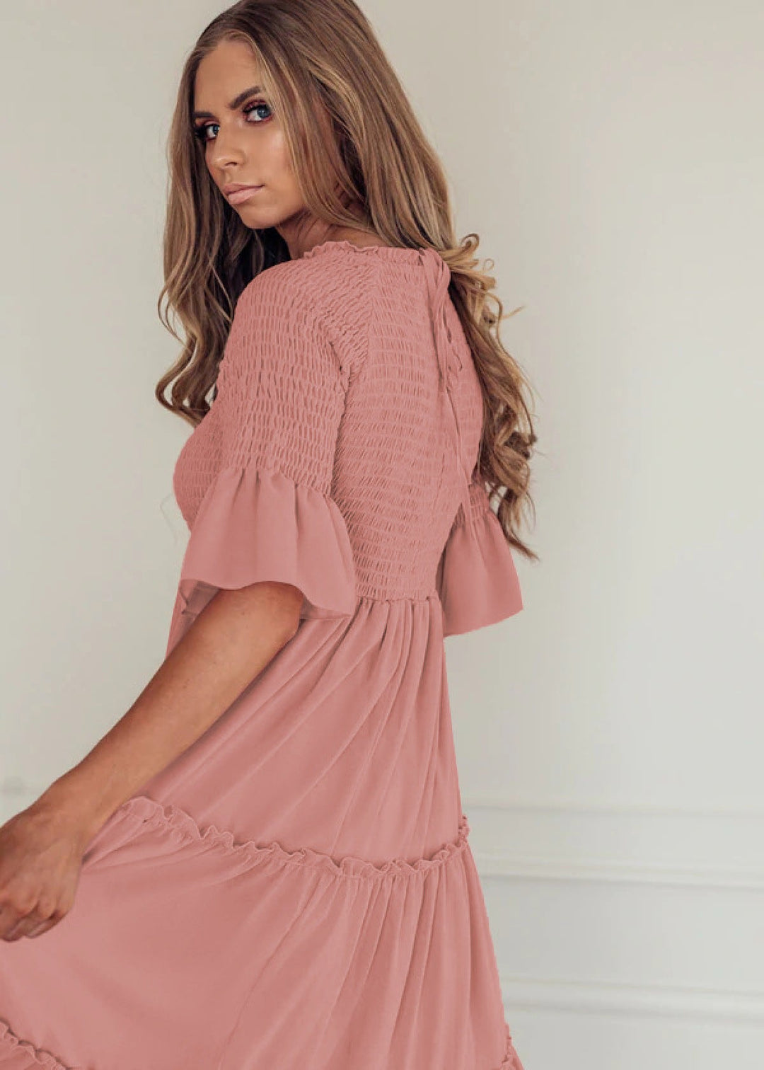 Round Neck Solid Color Smocked A-line Tiered-layered Dress