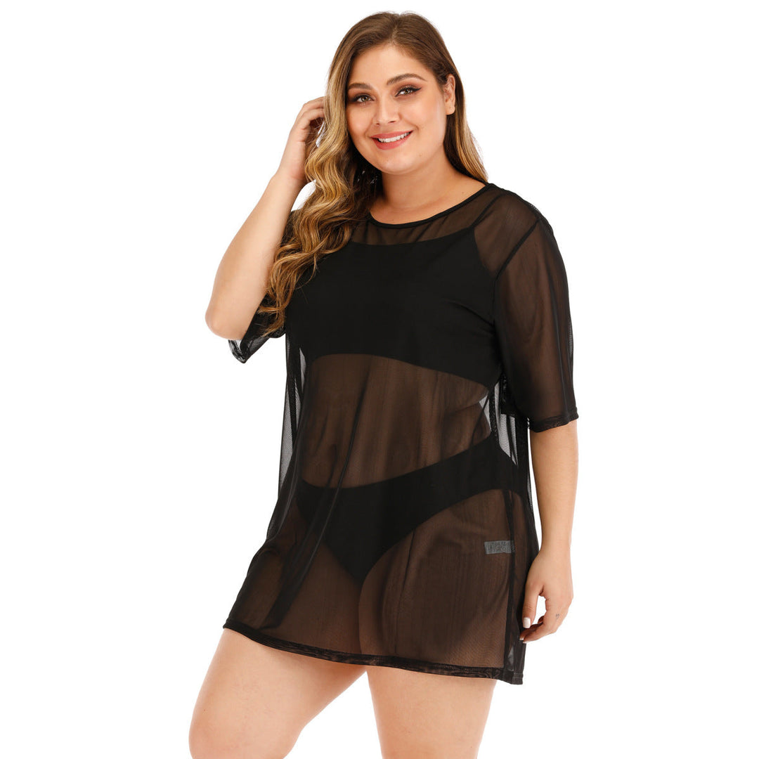 Plus Size Black Round Neck Sheer Cover Up