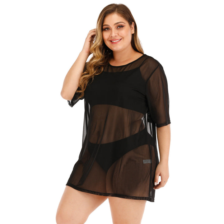 Plus Size Black Round Neck Sheer Cover Up