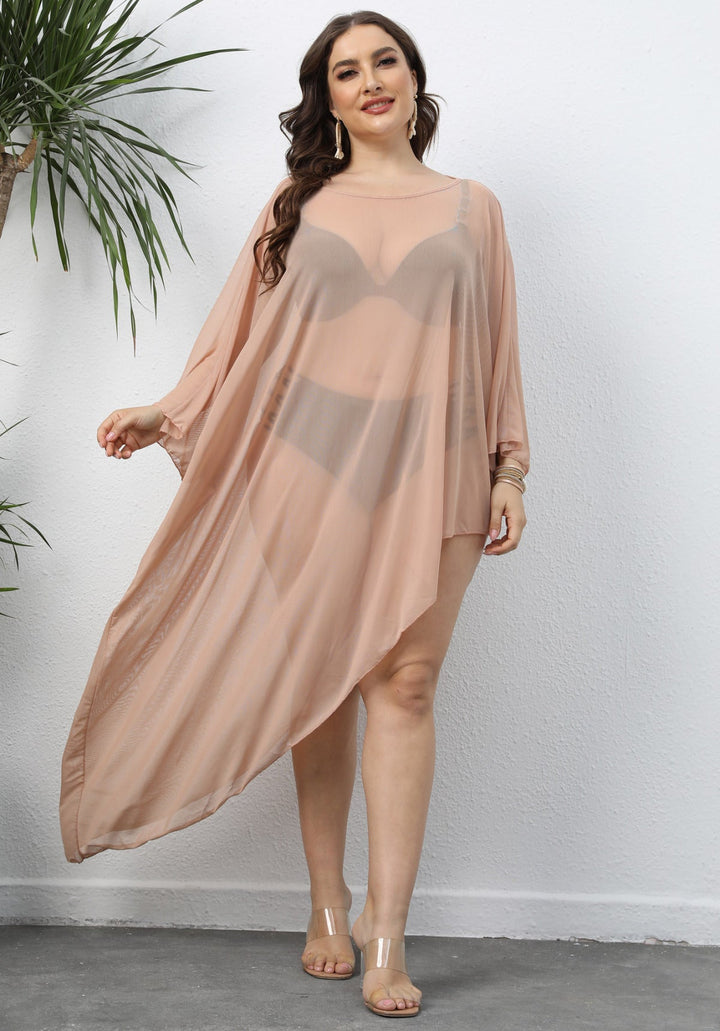 Plus Size Solid Color Asymmetric Sheer Cover Up