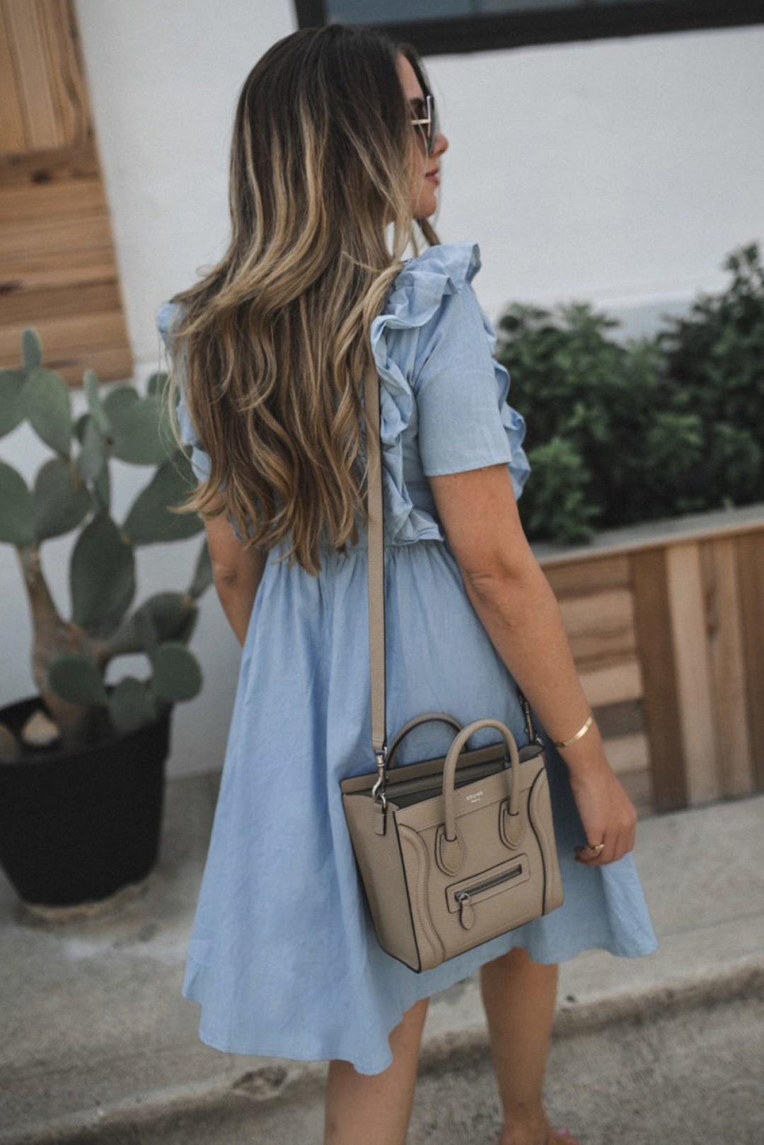 Ruffle Round Neck Chambray Midi Dress