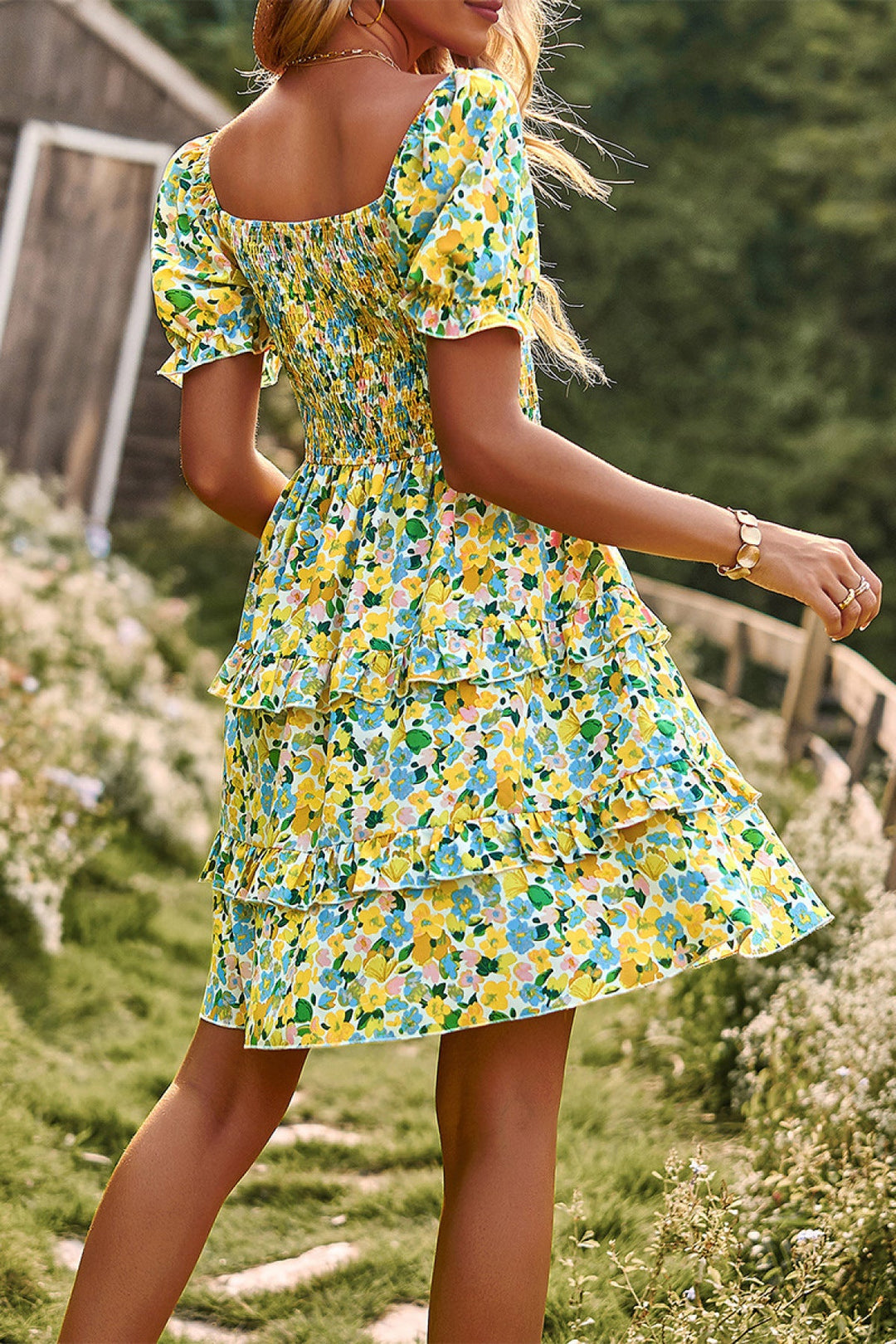 Floral Off-the-shoulder Puff Sleeve Tiered Dress