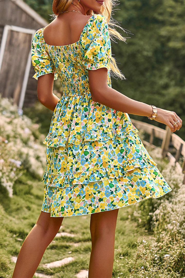Floral Off-the-shoulder Puff Sleeve Tiered Dress