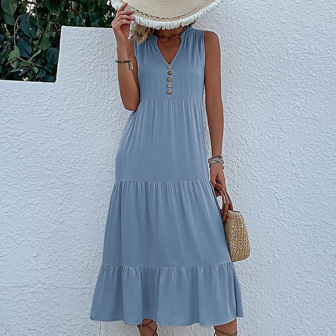 Solid Notched Buttoned Tiered Maxi Dress