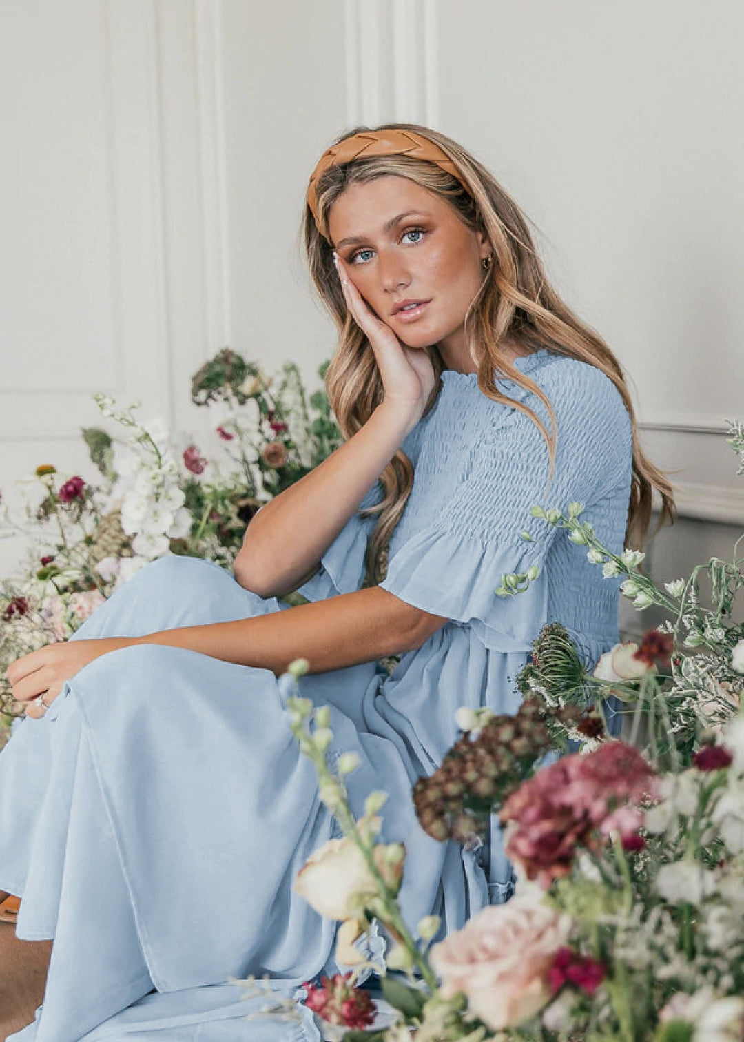 Round Neck Solid Color Smocked A-line Tiered-layered Dress