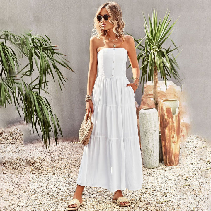 Strapless Buttoned Pleated Tiered Dress With Pocket