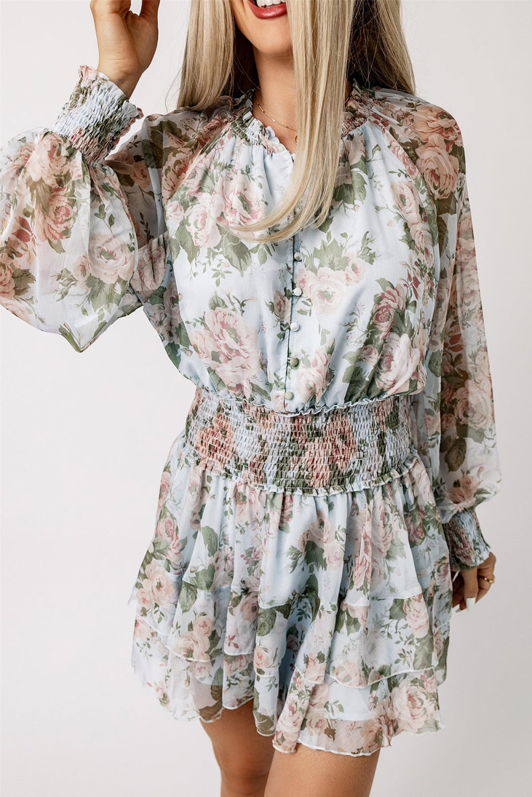 Ruffled Shirred Mini Dress