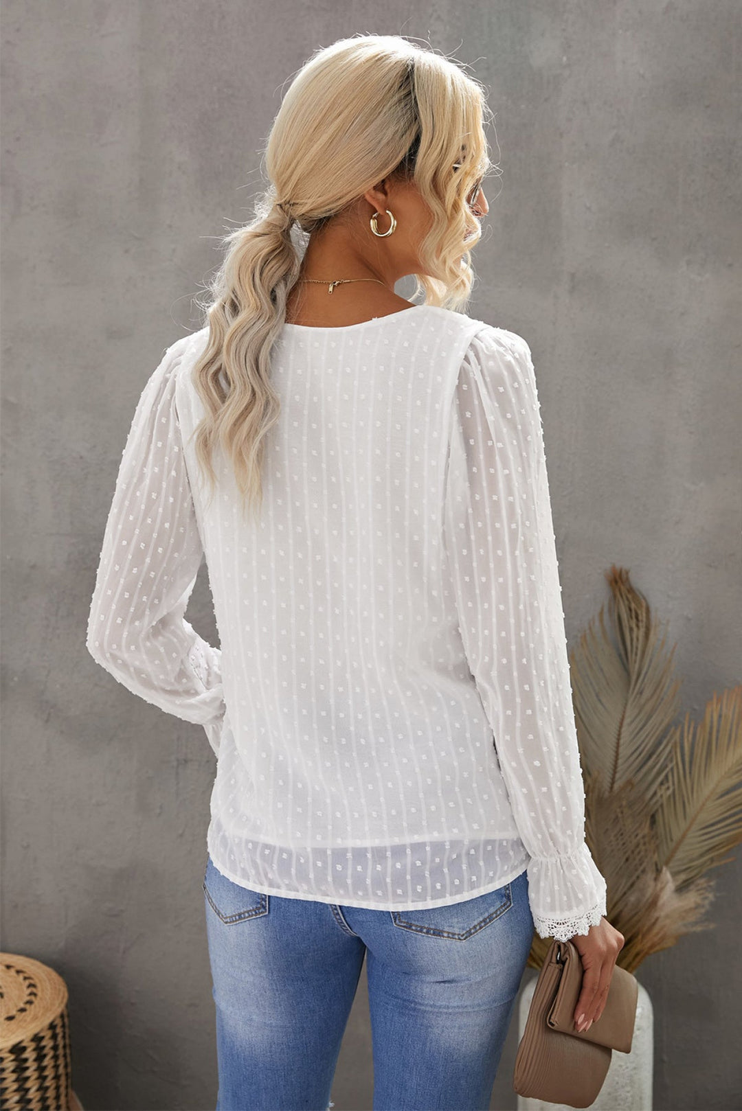 V Neck Puff Sleeve Swiss Dot Blouse