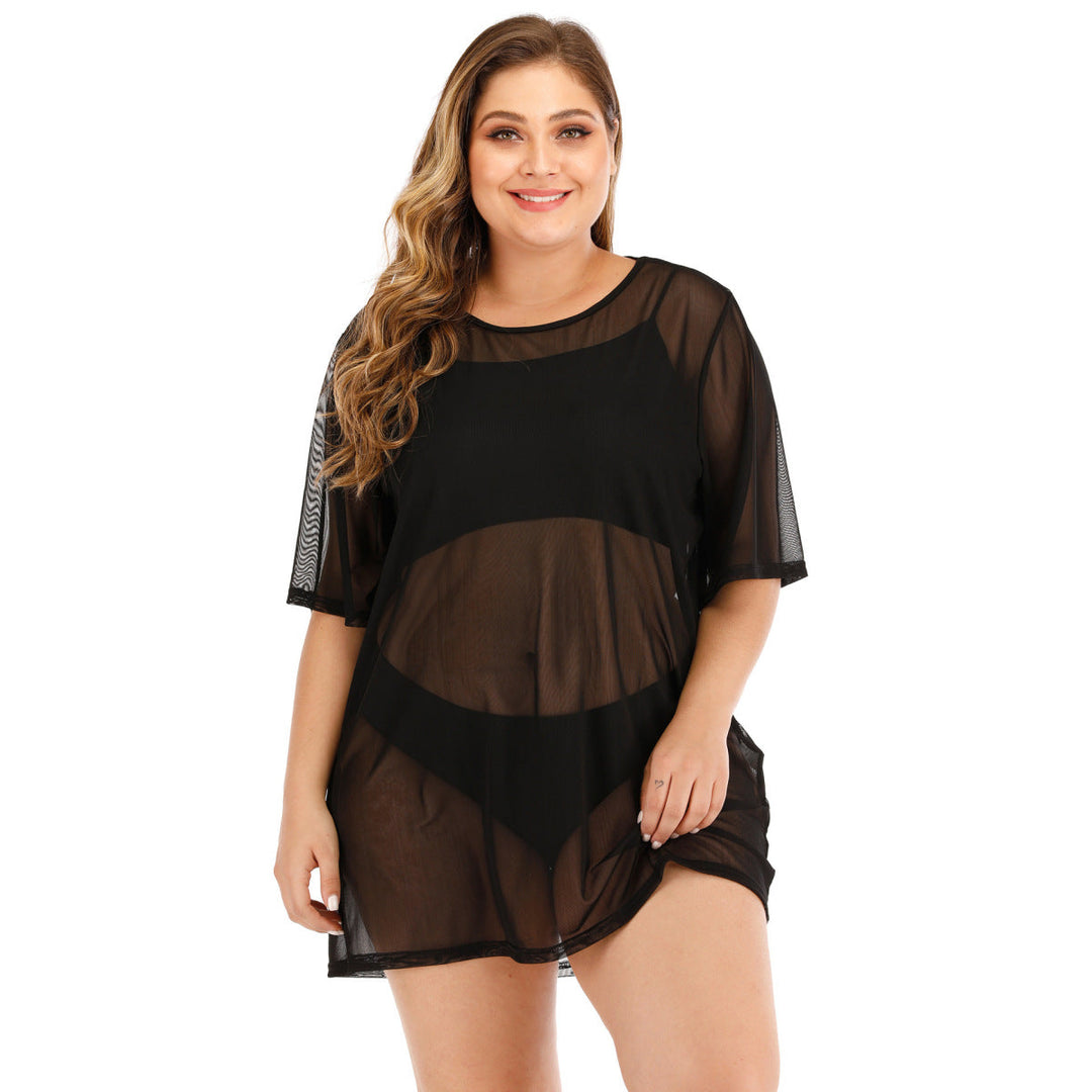 Plus Size Black Round Neck Sheer Cover Up