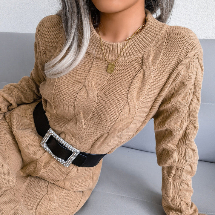 Round Neck Pullover Cable Knitted Mini Dress