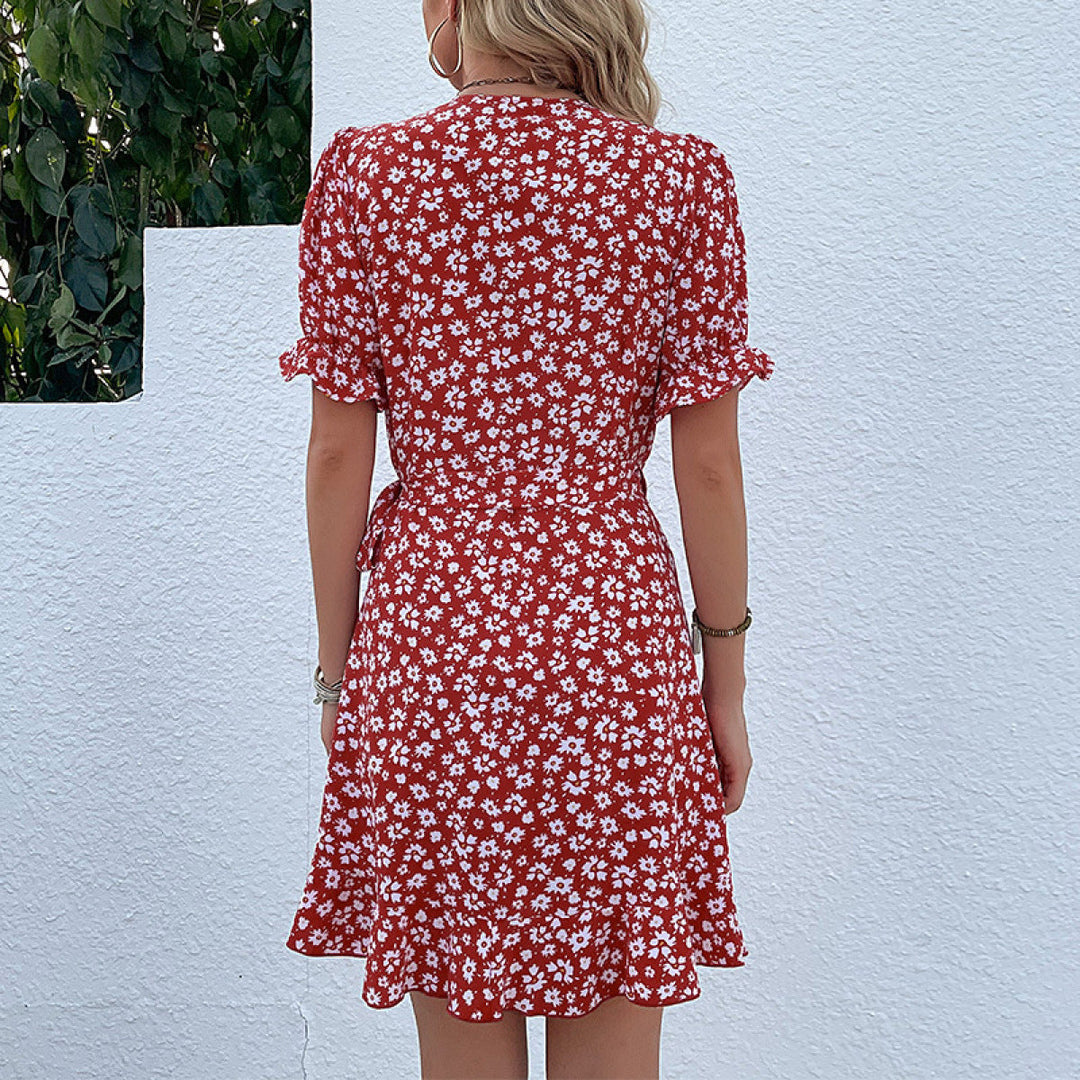 Surplice Puff Sleeve Tie-waist Ditsy Floral Wrap Dress