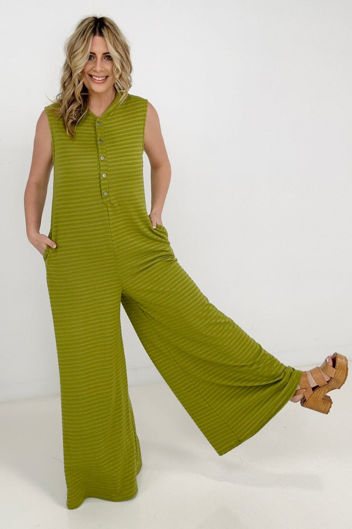 Jade By Jane Button Up Textured Wide Leg Jumpsuit
