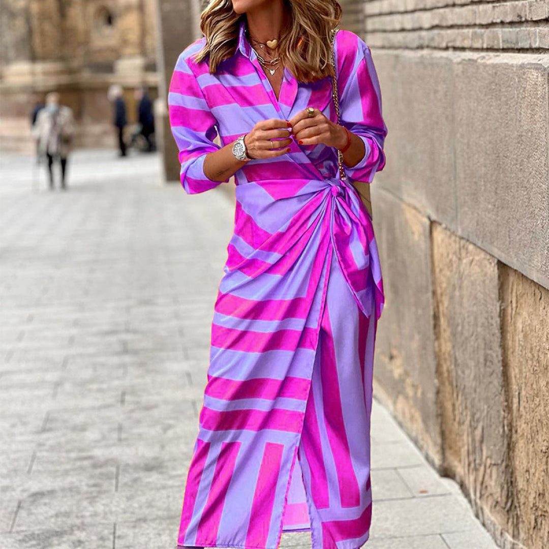 Striped Long Sleeve Surplice Tie Waist Dress