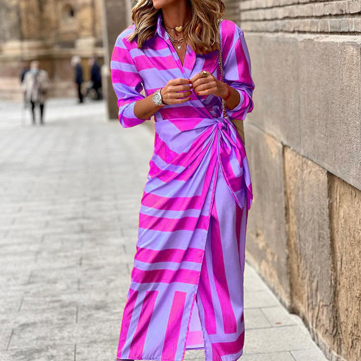 Striped Long Sleeve Surplice Tie Waist Dress