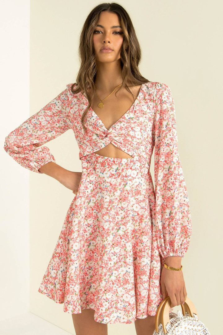 Cutout V-Neck Ditsy Floral Mini Dress