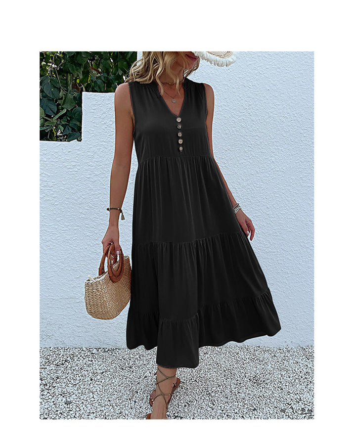 Solid Notched Buttoned Tiered Maxi Dress