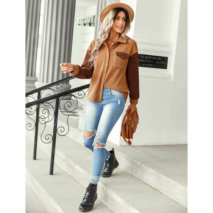 Shirt Collared Long Sleeve Single-Breasted Colorblock Jackets With Pockets