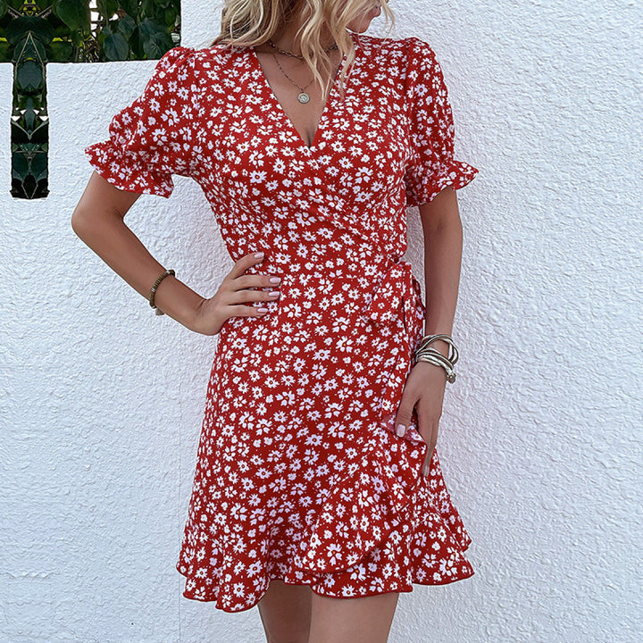 Surplice Puff Sleeve Tie-waist Ditsy Floral Wrap Dress