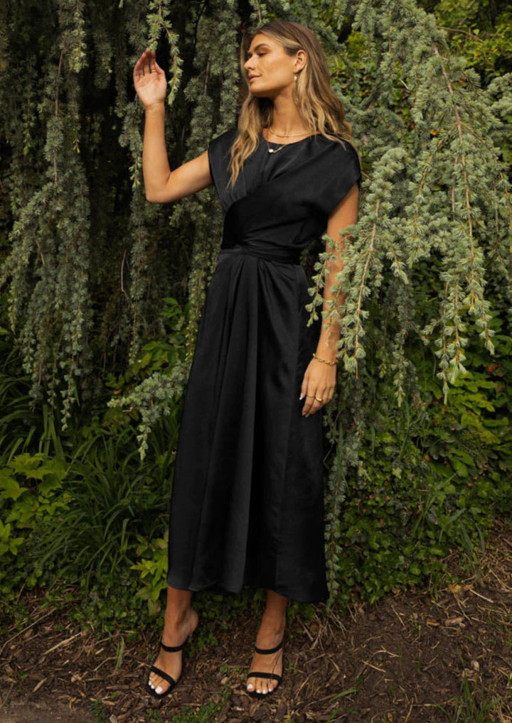 Solid Round Neck Tie Back Midi Dress