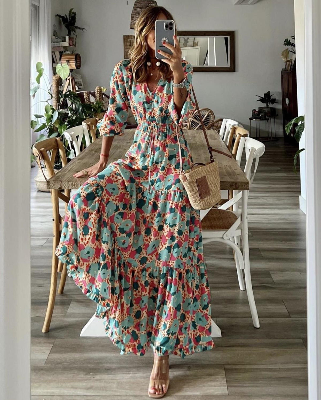 Floral Short Sleeve Tie Waist Swing Dress