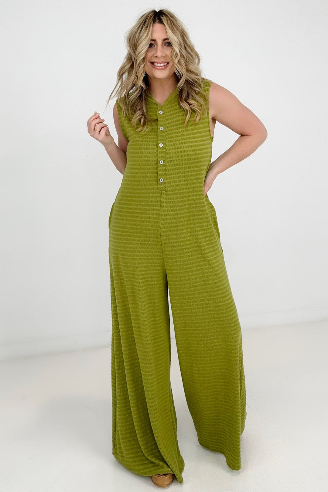 Jade By Jane Button Up Textured Wide Leg Jumpsuit