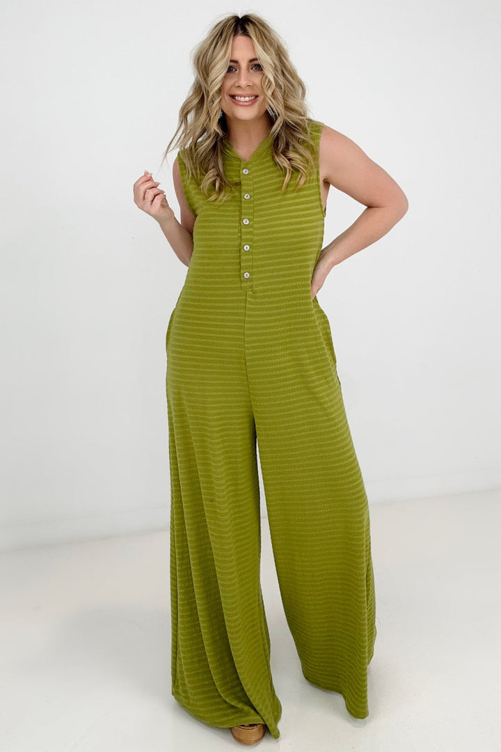 Jade By Jane Button Up Textured Wide Leg Jumpsuit
