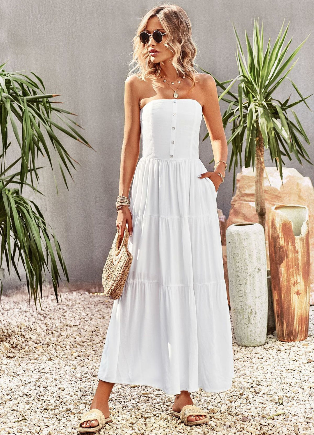 Strapless Buttoned Pleated Tiered Dress With Pocket