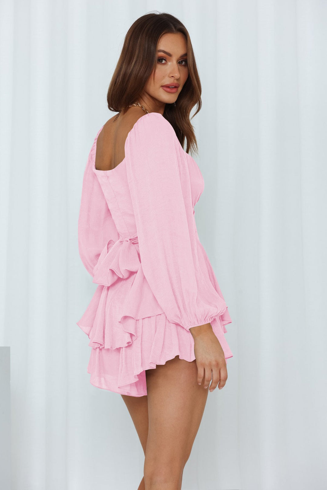 Balloon Sleeve Back Tie Tiered Romper