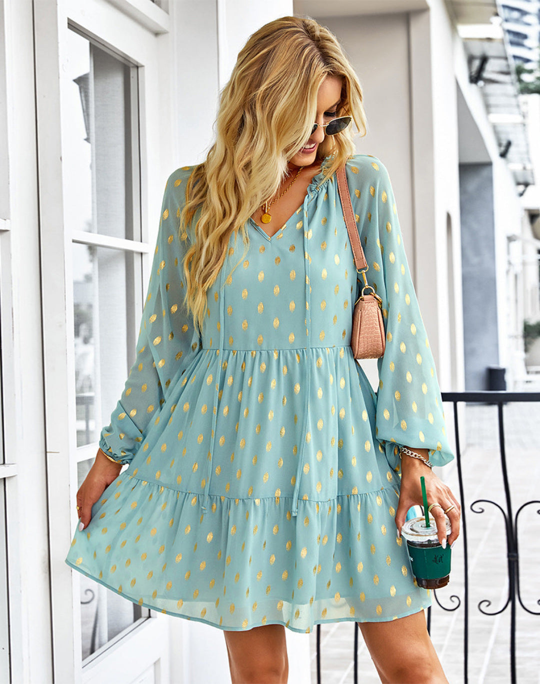 V-Neck Balloon Sleeve Polka Dot Dress - Mini Dress