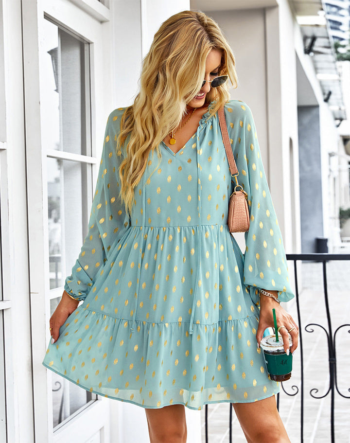 V-Neck Balloon Sleeve Polka Dot Dress - Mini Dress