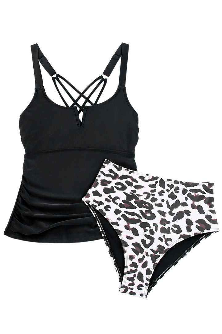 High Waist Notch Neckline Strappy Tankini Contrast Swimsuit