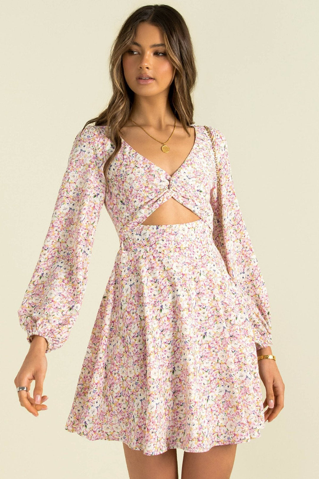 Cutout V-Neck Ditsy Floral Mini Dress