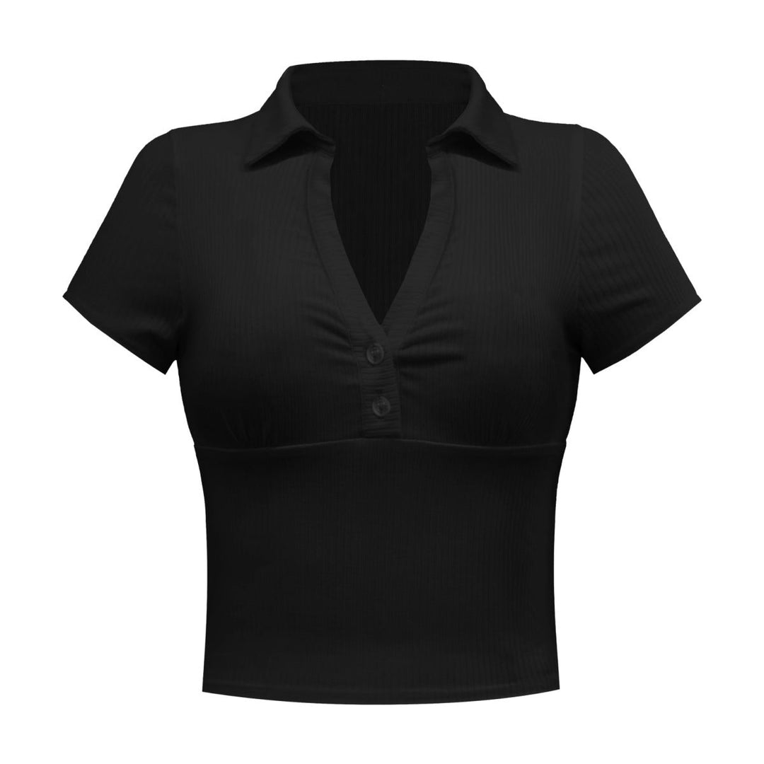 Solid Short Sleeve Buttoned V Neck Crop Top