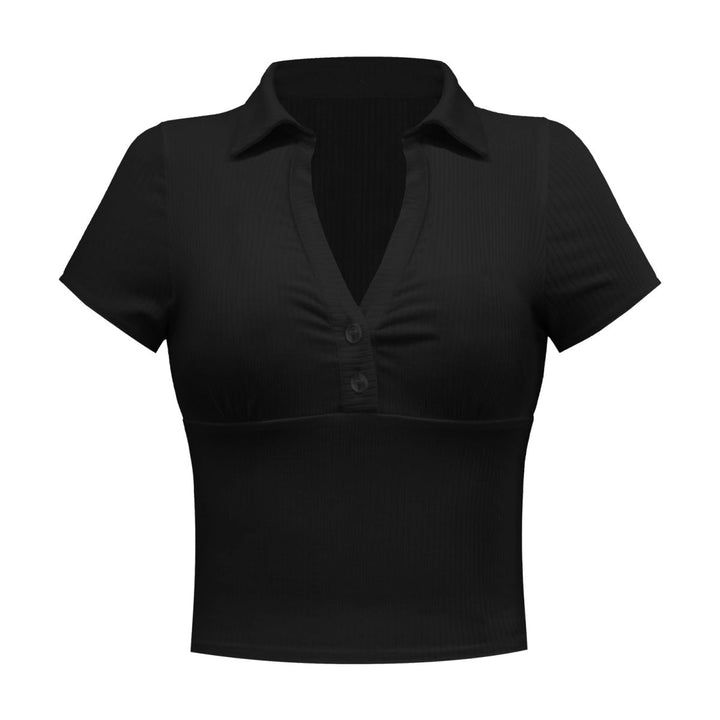 Solid Short Sleeve Buttoned V Neck Crop Top
