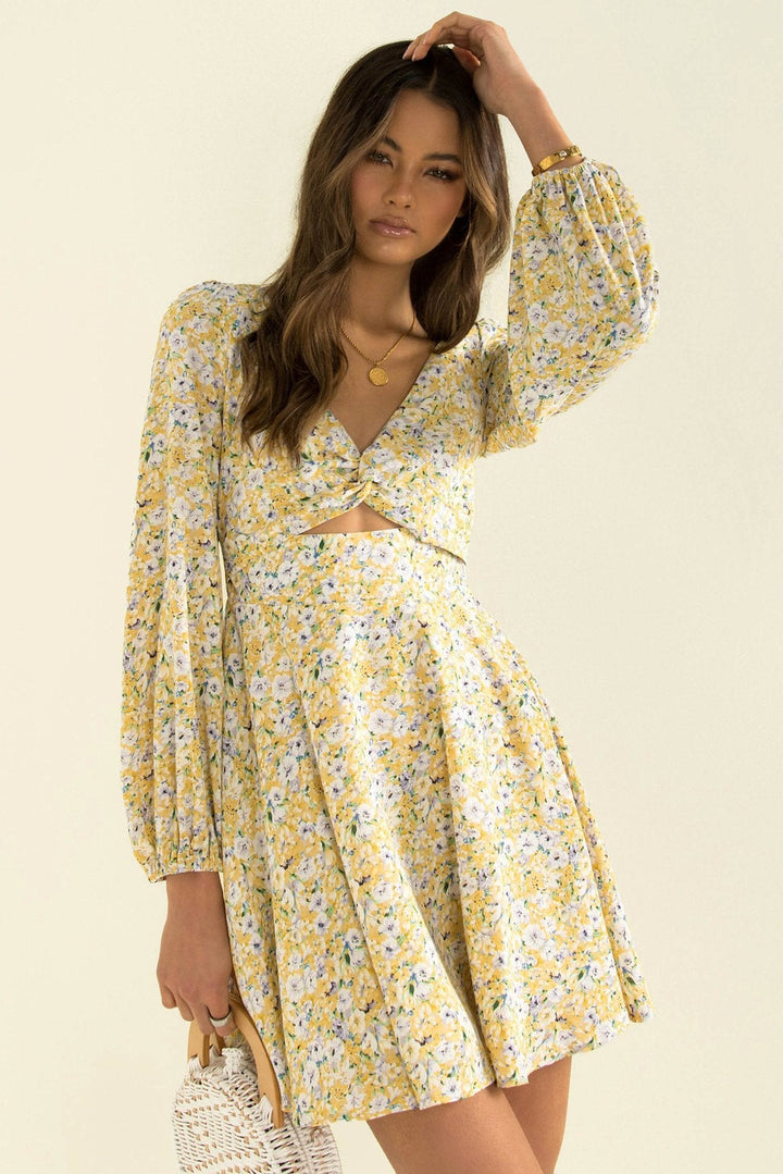 Cutout V-Neck Ditsy Floral Mini Dress